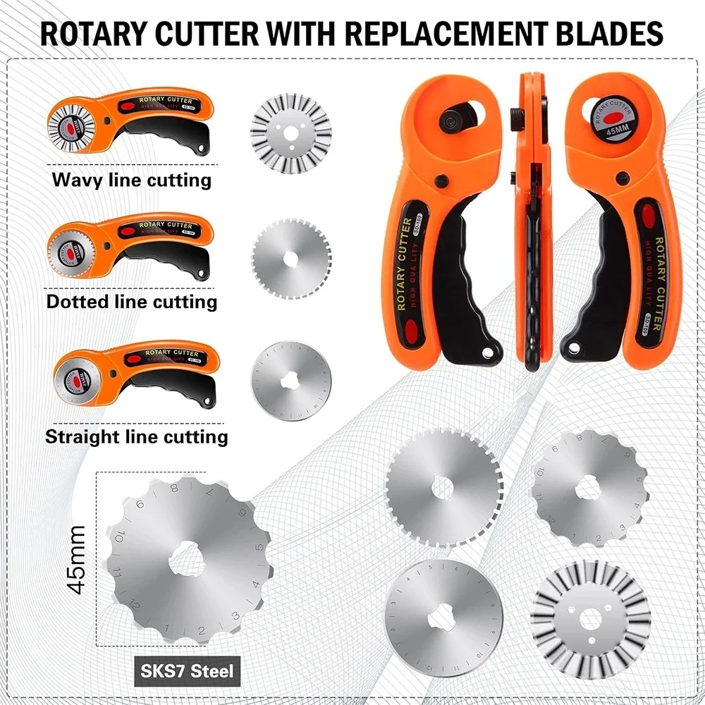 45mm Rotary Cutter with 5 Replacement Blades Fabric Cutter with Safety Lock for Sewing Fabric Leather Quilting Perforating Tool