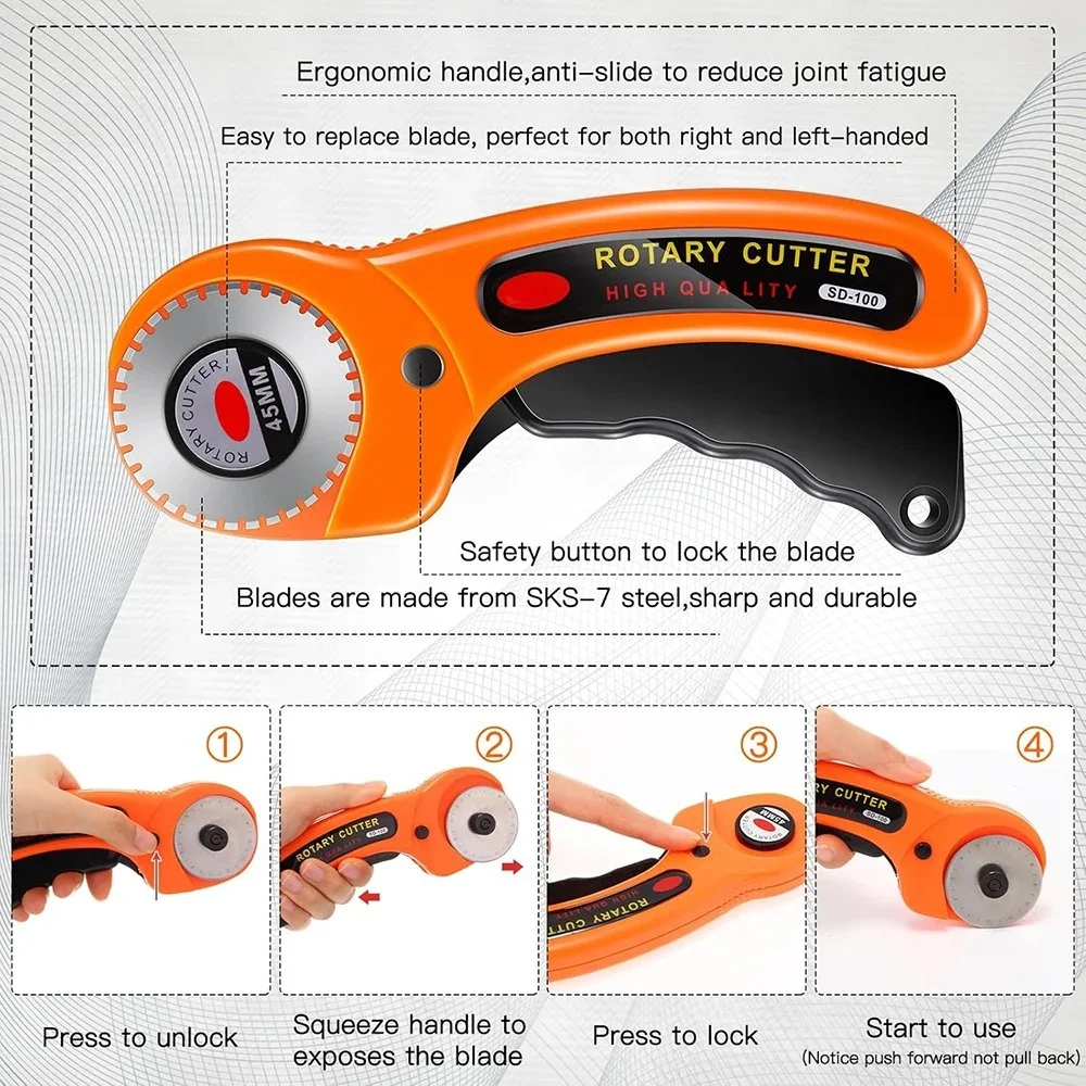 45mm Rotary Cutter with 5 Replacement Blades Fabric Cutter with Safety Lock for Sewing Fabric Leather Quilting Perforating Tool - Image 4